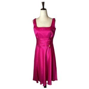 Donna Morgan Pink Silk Square Neckline Cinched Waist With Brooch Midi Dress 8